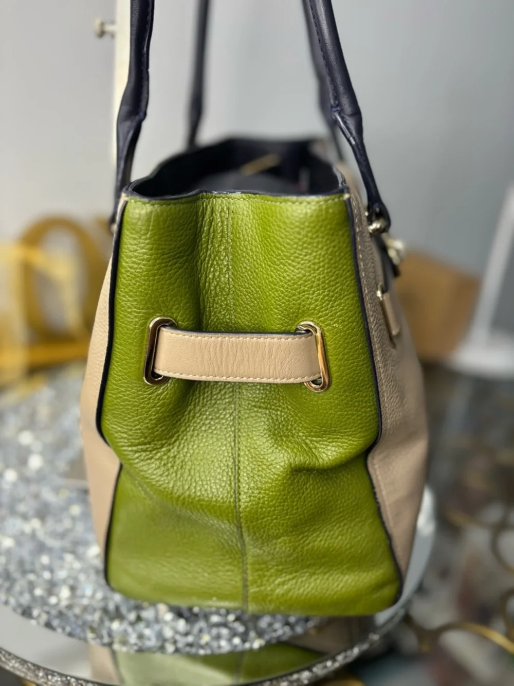 Coach 2015 Swagger Carryall Colorblock Leather Tote Satchel STONE Green Navy EUC - Picture 6 of 15